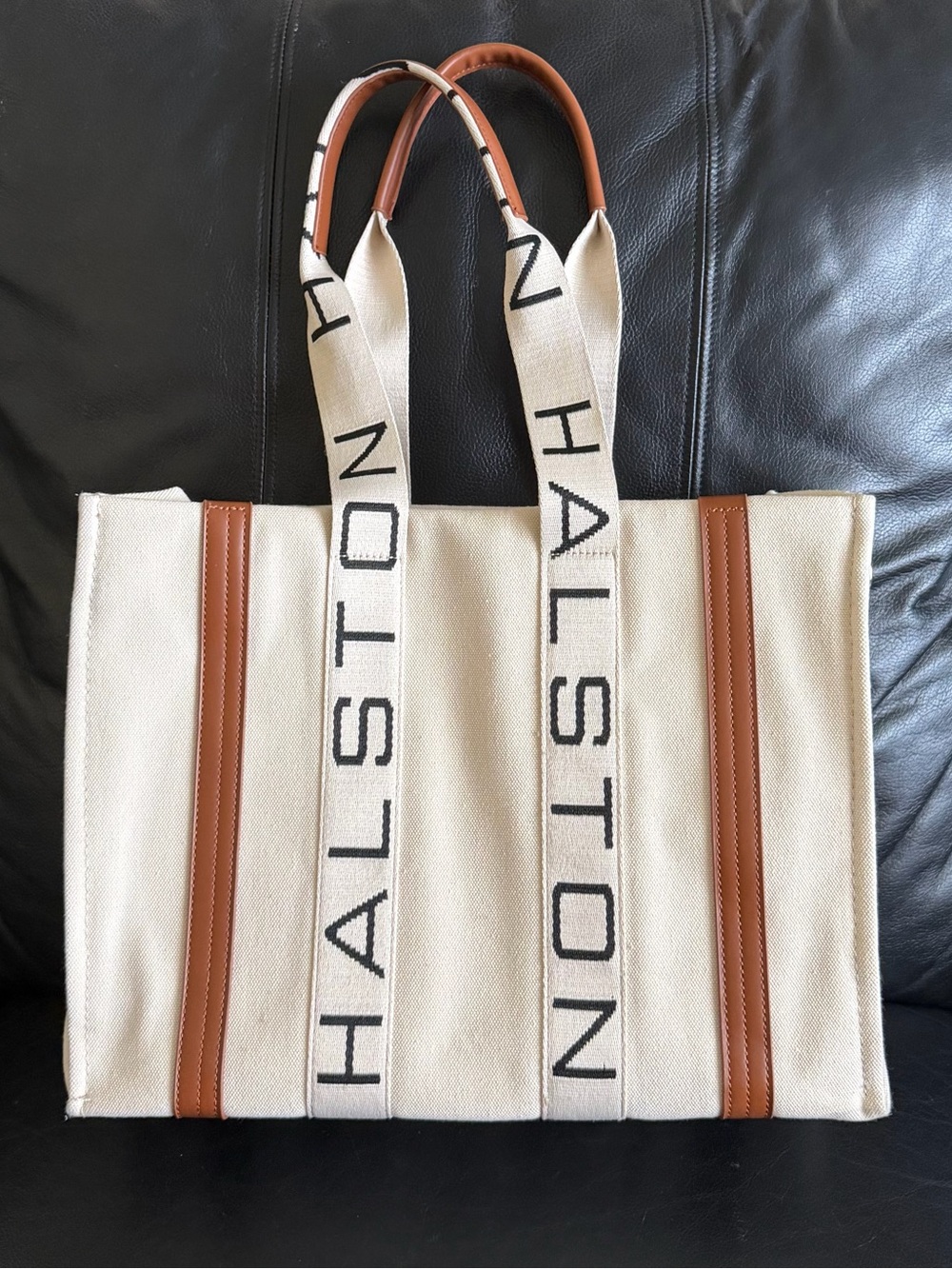 Halston Heritage Cream Canvas Tote with Tan Leather Trim and Branded Straps